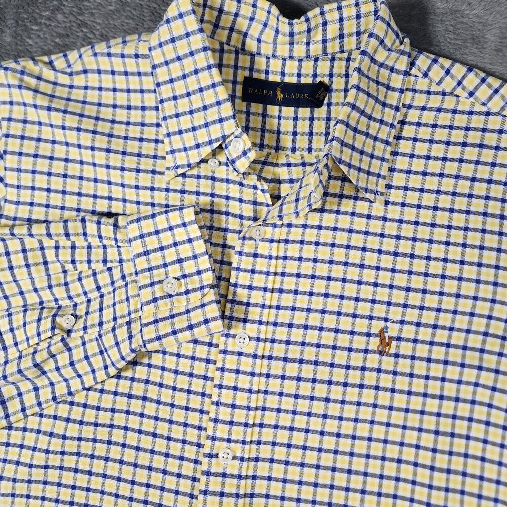 Ralph Lauren Large Yellow Blue Tattersall Plaid Button Down Shirt Flesh Pony